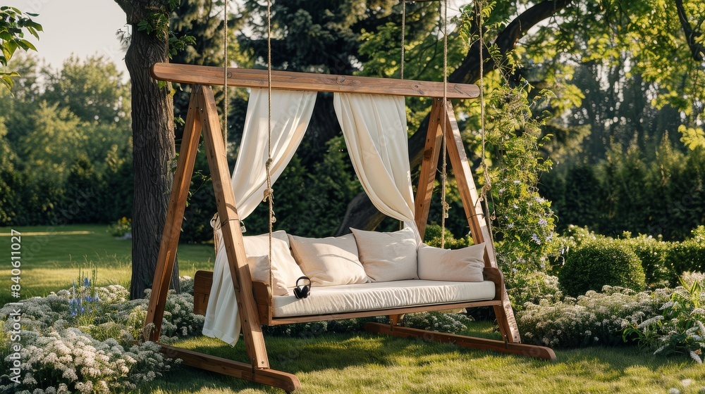 Wide-Angle Shot of Large Wooden Garden Swing with White Canvas Cover and Beige Cushions, Surrounded by Greenery, Under Sunny Sky Wide-Angle Shot of Large Wooden Garden Swing with White Canvas Cover and Beige Cushions, Surrounded by Greenery, Under Sunny Sky