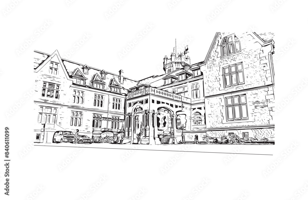 Print Building view with landmark of Santander is the city in Spain. Hand drawn sketch illustration in vector.