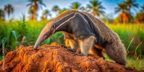 Detailed of a giant anteater foraging and feeding at a termite mound in Mato Grosso, Brazil , Anteater, Wildlife, Nature, Foraging, Feeding, Termite Mound, Mato Grosso, Brazil photo