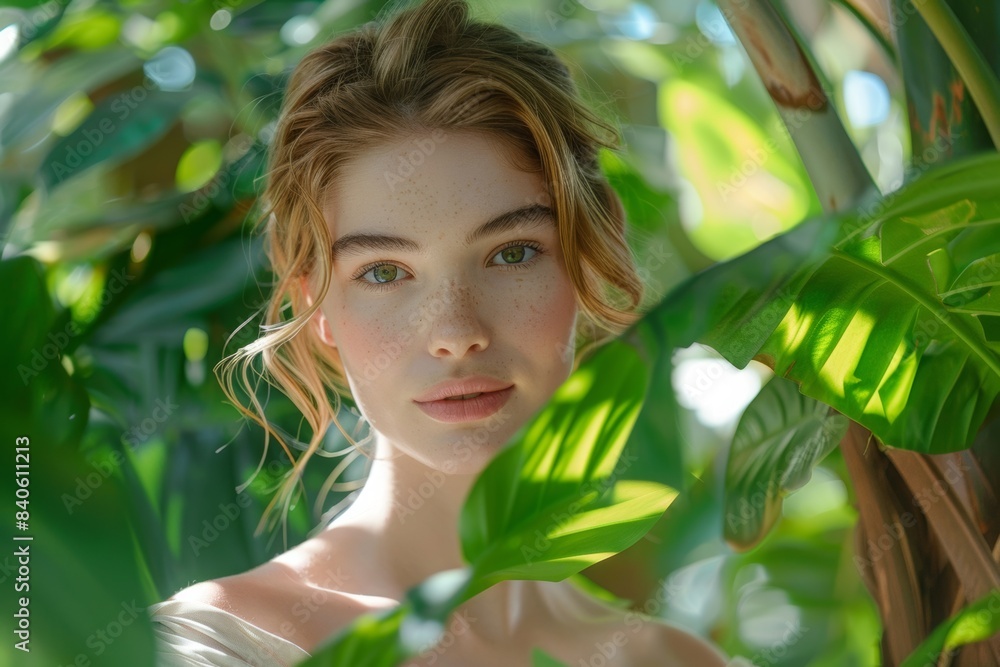 model in a serene environment, surrounded by lush greenery, emphasizing the harmony between nature and skincare. Let the sunlight gently kiss their skin, revealing its natural radiance. model in a serene environment, surrounded by lush greenery, emphasizing the harmony between nature and skincare. Let the sunlight gently kiss their skin, revealing its natural radiance.
