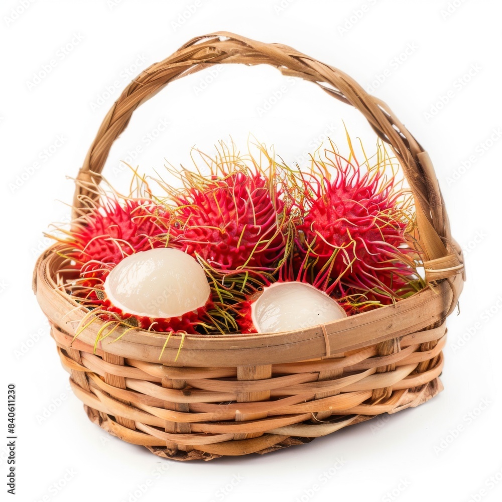 isolate Fresh rambutan in the Small bamboo basket on white background isolate Fresh rambutan in the Small bamboo basket on white background