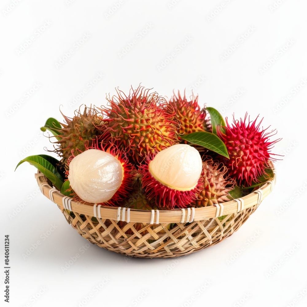 isolate Fresh rambutan in the Small bamboo basket on white background isolate Fresh rambutan in the Small bamboo basket on white background