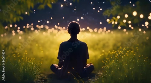 yoga meditation in the forest at night, glowing lights, blond girl , Generative AI