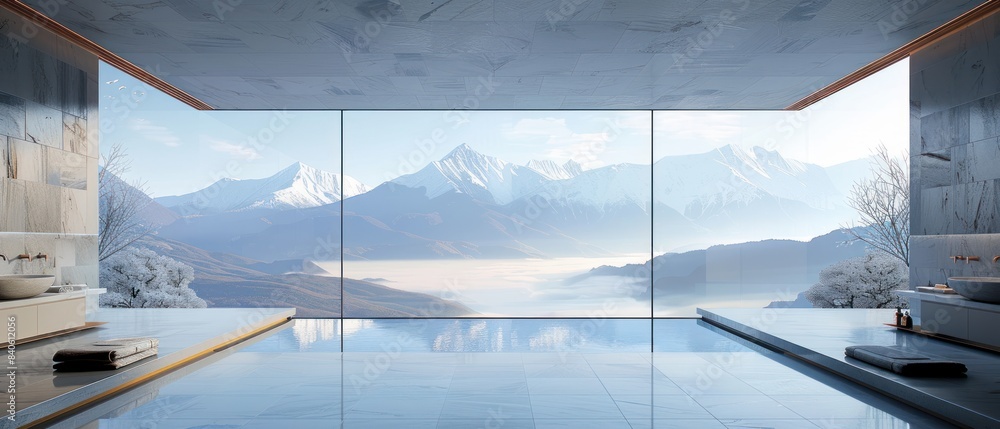 Minimalist interior with panoramic view of mountains and a lake. Minimalist interior with panoramic view of mountains and a lake.