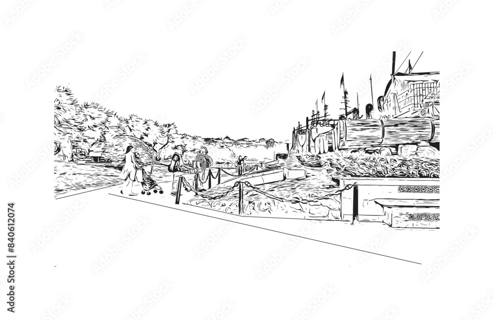 Print Building view with landmark of Santander is the city in Spain. Hand drawn sketch illustration in vector.