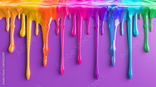 Vibrant liquid dripping rainbow flat design top view party theme, 3D render, color Scheme