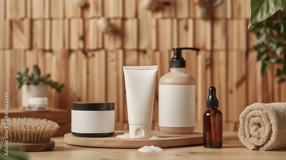 Natural spa products with blank labels, on a wooden table with a towel and bath brush. Photo ideal for beauty and wellness branding. Natural spa products with blank labels, on a wooden table with a towel and bath brush. Photo ideal for beauty and wellness branding.