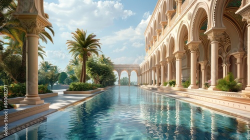 A beautiful courtyard with a long green pool and palm trees