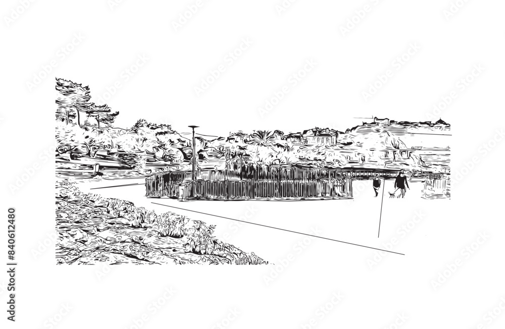 Print Building view with landmark of Santander is the city in Spain. Hand drawn sketch illustration in vector.