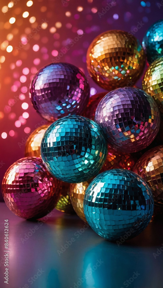 Bright gradient wallpaper featuring a festive background adorned with disco balls for a party atmosphere. Bright gradient wallpaper featuring a festive background adorned with disco balls for a party atmosphere.