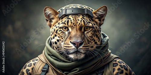 Portrait of a leopard in tactical military uniform , animal, wildlife, leopard, military, uniform, camouflage, fierce, powerful, predator, soldier, army, camouflage, hunter, strength