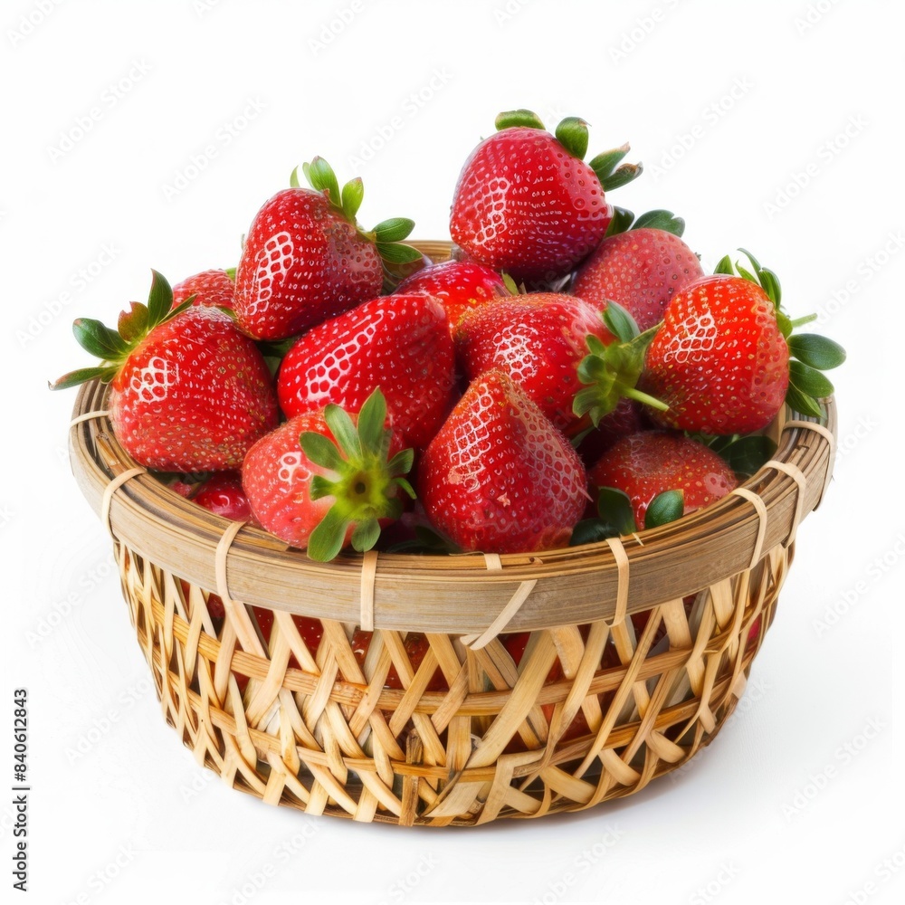 isolate Fresh strawberry appetizing There are not peeling. And peeled and ready to eat in the Small bamboo basket on white background