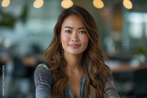 Portrait of filipina woman beautiful business leader  in modern bright office boardroom  professional atmosphere  leadership  diverse workplace  corporate setting.