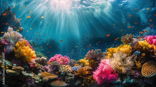 Stunning underwater landscape showcasing a magnificent coral reef teeming with a vibrant array of colorful marine life  The natural light enhances the intricate details and vivid hues