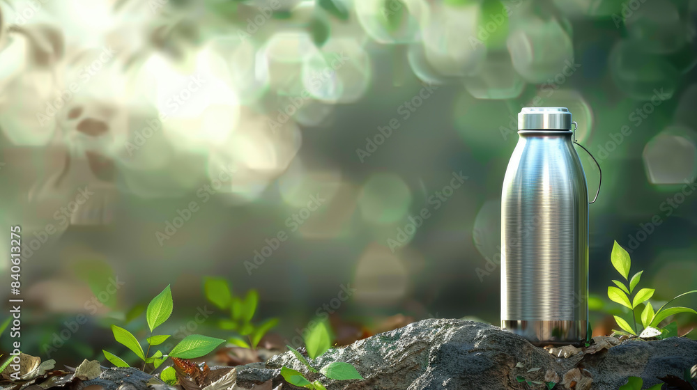 Stainless steel water bottle in the middle of jungle nature on a rock ...