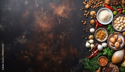 A white background with a variety of food items including eggs  mushrooms