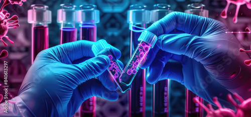 Scientist holding medical testing tubes for pharmaceutical research. This wide banner features blood cells and virus cure using DNA genome sequencing biotechnology. photo