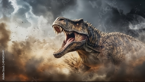 A large T-Rex is shown in a scene of dust and debris  with its mouth open