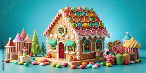 Gingerbread shop with a variety of colorful candies on a light blue aqua background , store, gumdrops, lollipops, peppermints, sprinkles, candy, candycane, isolated, pink background