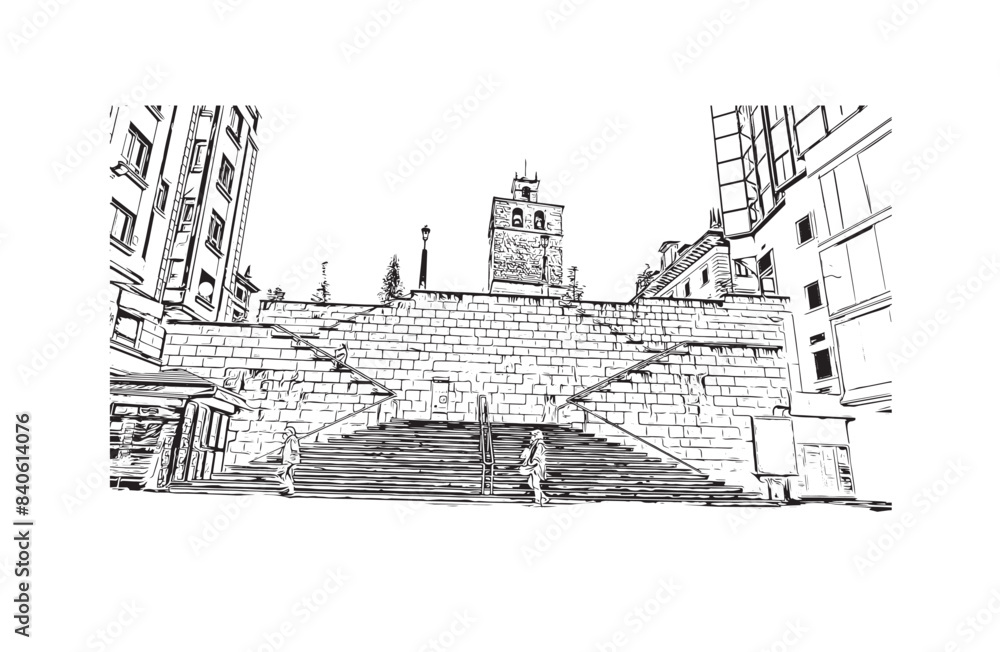 Print Building view with landmark of Santander is the city in Spain. Hand drawn sketch illustration in vector.