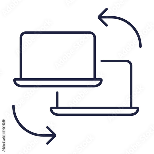 Data migration line icon. Laptops syncing. Data sharing, copy, transfer sync. Symbol for web, mobile. Information technology, Computer Software. White background. Editable vector stroke. Pixel Perfect