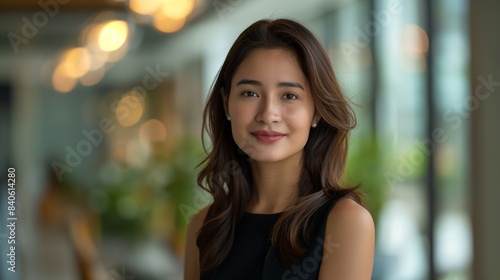 Portrait of filipina woman beautiful business leader, in modern bright office boardroom, professional atmosphere, leadership, diverse workplace, corporate setting.