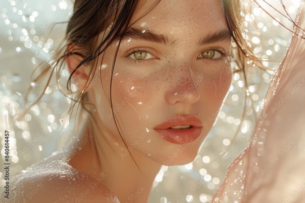 elements like silk fabric or dewy glass into the shot. Let the model's skin glow against the smooth surface, creating a visually captivating contrast elements like silk fabric or dewy glass into the shot. Let the model's skin glow against the smooth surface, creating a visually captivating contrast