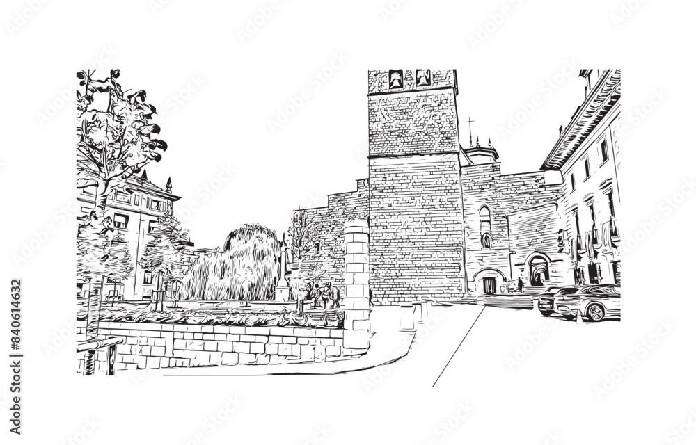 Print Building view with landmark of Santander is the city in Spain. Hand drawn sketch illustration in vector.