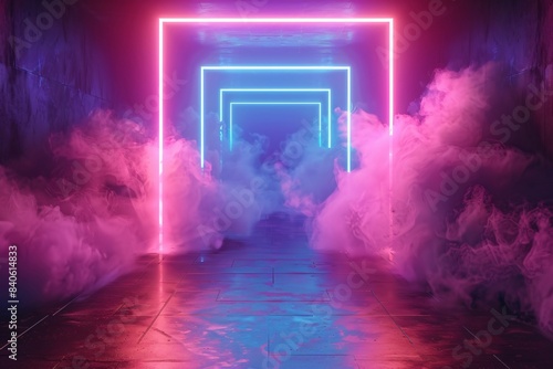 Neon tunnel emitting smoke