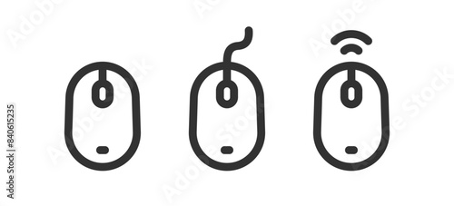 Computer mouse icon set. Wire and wireless device. Click, scroll, button. Cursor pointer.