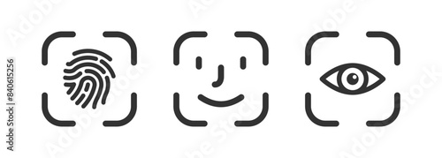 Finger, face, eye scan icon set. Fingerprint id. Person identification. Biometric security. Recognition technology. Human verification.
