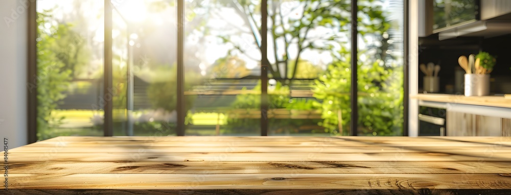 Fototapeta premium Wooden table in the foreground with an out of focus modern kitchen interior blurred behind it. A bright, sunny day outside and light is streaming through large windows into the room