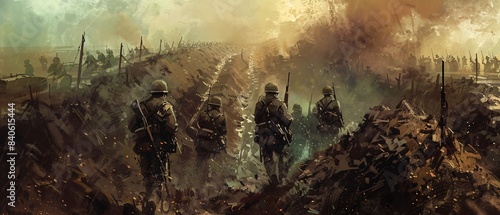 World War II Trench Scene with Soldiers - Historical Warfare Image with Copy Space Above for Text