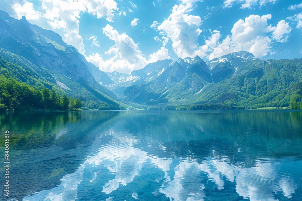 Boat in lake surrounded by mountains Boat in lake surrounded by mountains