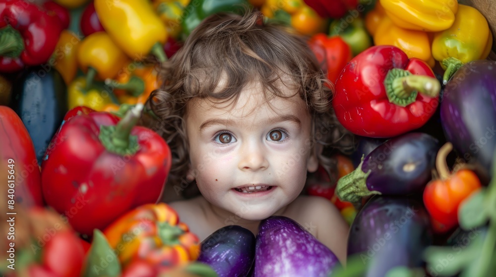 Fototapeta premium boy with red, green and yellow peppers along with purple eggplants generative ai