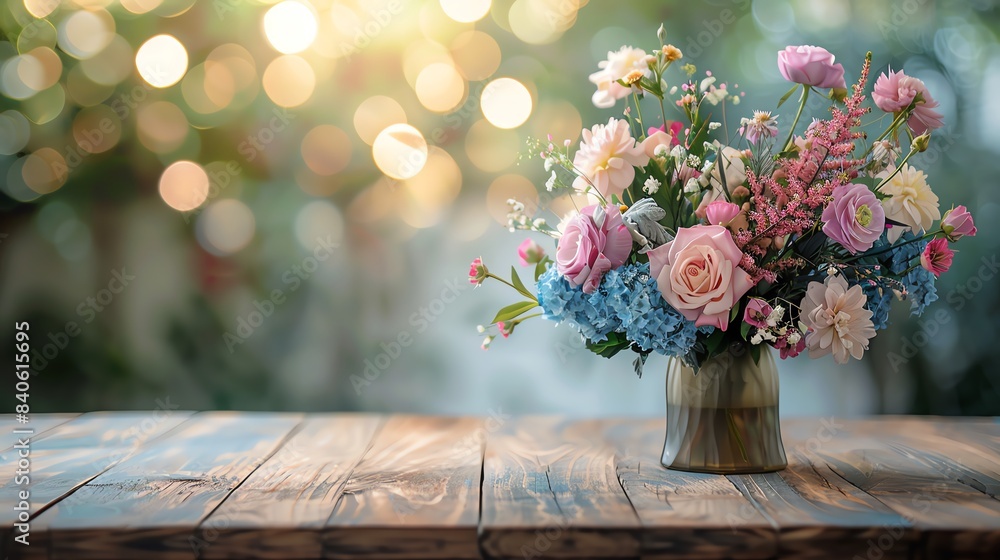 A beautiful bouquet of flowers in a vase on a wooden table with a blurred background. A beautiful bouquet of flowers in a vase on a wooden table with a blurred background.