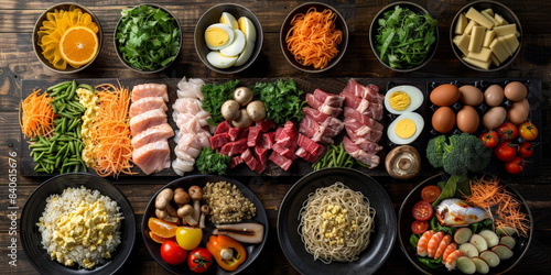 Assorted fresh ingredients arranged in bowls on a dark wooden table, showcasing a colorful variety of vegetables, meats, grains, and eggs, perfect for culinary inspiration and food preparation..