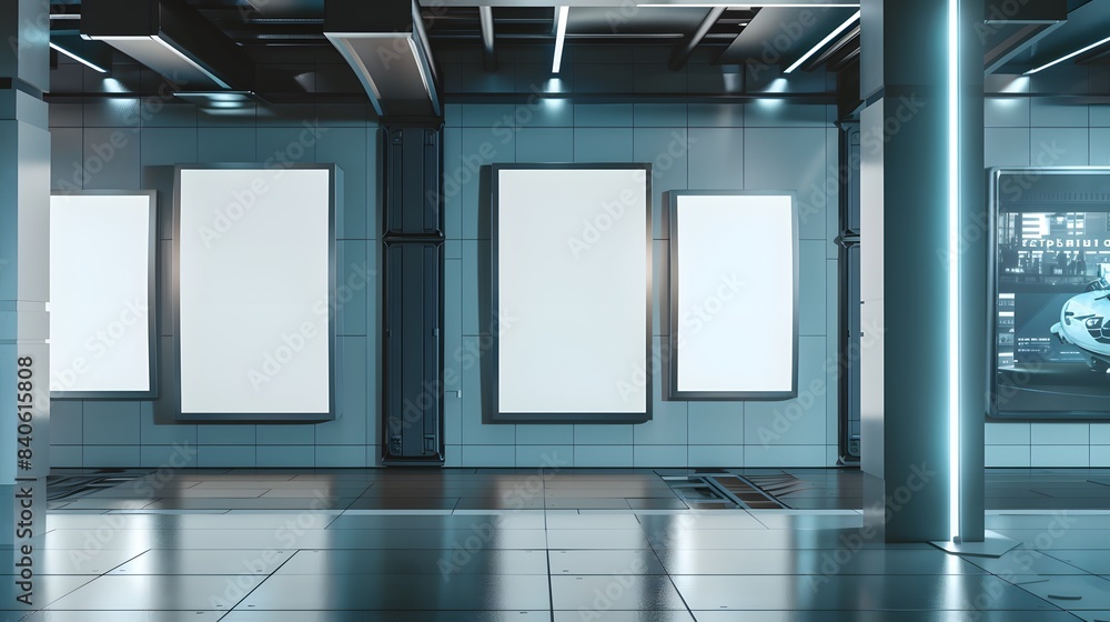 blank billboards in a futuristic city interior blank billboards in a futuristic city interior