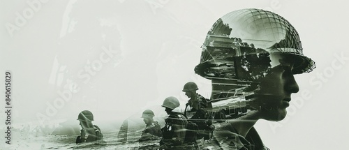 Remembrance of Sacrifice - Double Exposure of War Memorial and D-Day Photos with Memorial Text Overlay