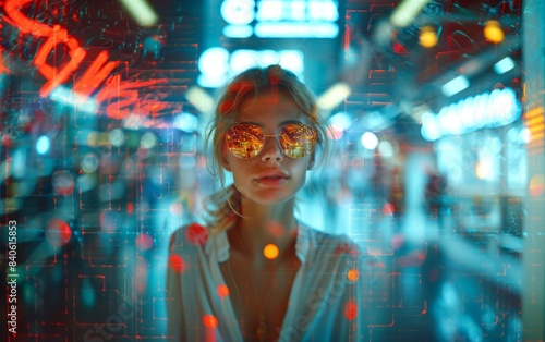 Stylish woman with neon glasses in a vibrant, illuminated setting