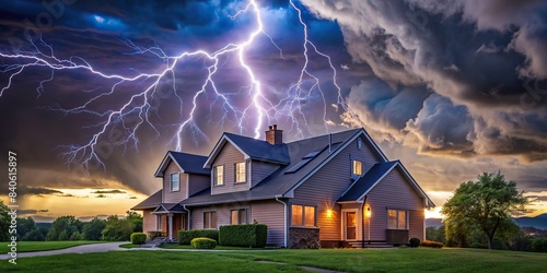 A house with a lightning bolt in the sky , storm, surreal, weather, dramatic, power, energy, concept, thunder, dangerous, electricity, sky, dark, strike, home, nature, atmospheric, flash