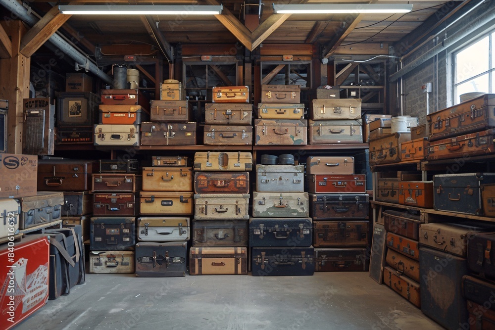 Room filled with stacked old suitcases Room filled with stacked old suitcases