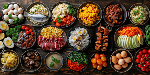 Assorted fresh ingredients arranged in bowls on a dark wooden table  showcasing a colorful variety of vegetables  meats  grains  and eggs  perfect for culinary inspiration and food preparation..