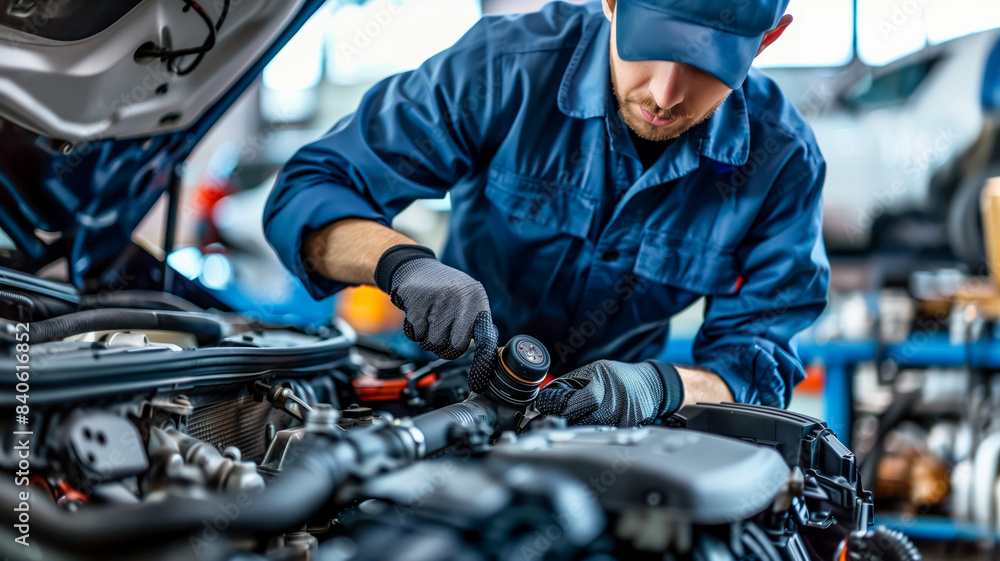 Mechanic working on car engine in auto repair shop Mechanic working on car engine in auto repair shop