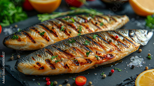 Deliciously Grilled Fish Exquisite Whole Fish Dish Garnished with Fresh Herbs, Cherry Tomatoes, and Slices of Lemon on a Black Plate – A Perfect Example of Gourmet Cuisine and Elegant Seafood