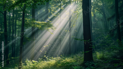 Beautiful forest with sunbeams shining through the trees © thodonal