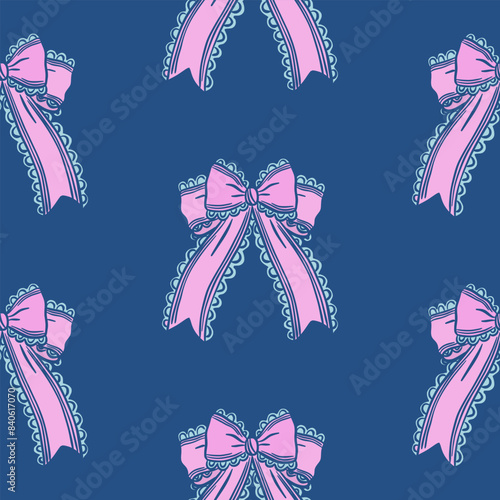 Elegant vector seamless pattern of vintage bows with lace edge in blue pink colors. Delicate hand-drawn decoration on dark background. Coquette aesthetics. Design for fabric, wallpaper, wrapping paper