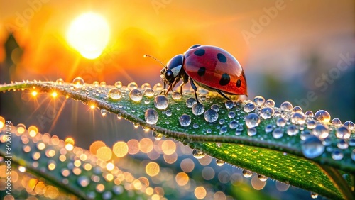Beautiful ladybug resting on a leaf covered in dewdrops at sunrise , ladybug, leaf, morning, dew, rising sun, nature, insect, macro, vibrant, colorful, beauty, close-up, peaceful, serene photo