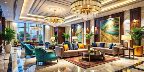 Vibrant hotel lobby with elegant decor and luxurious furniture , luxury, upscale, elegant, opulent, chic, sophisticated, classy, interior design, hotel, lobby, glamorous, modern