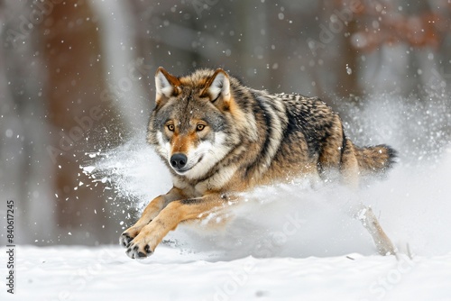 Wolf sprints snowy forest
